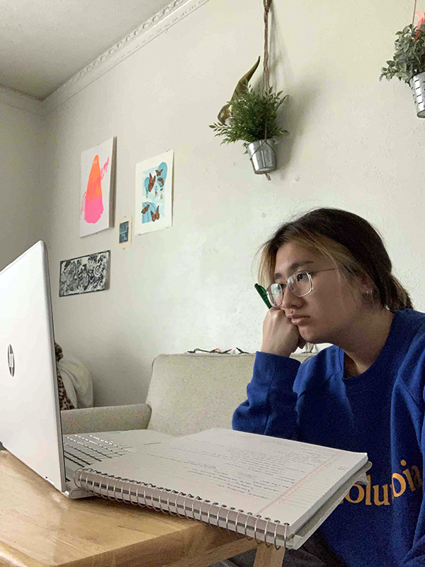 Person sitting in a living room staring at a laptop screen