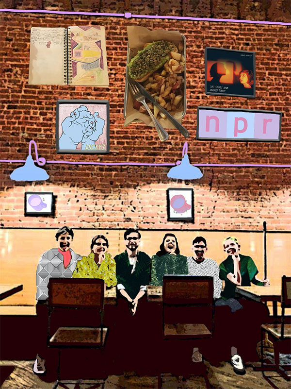 Chelsea Vanderhyde's workplace; six people on a bench in a casual restaurant