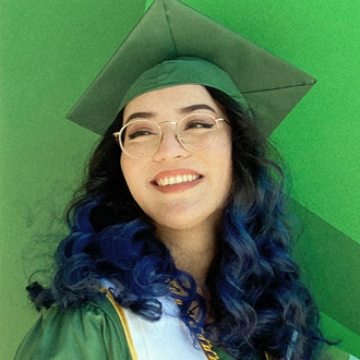 Jessica is facing forward and looking to her right. She wears a green cap and gown.