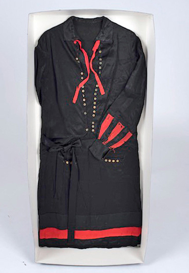 1920s dress, black with red ribbon and red trim at the hem and sleeves, beige buttons