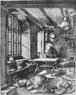 Etching of a scholar in his study