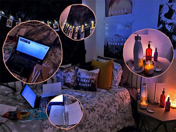 Bedroom with candle light, laptop on a bed, photos on clothes pins
