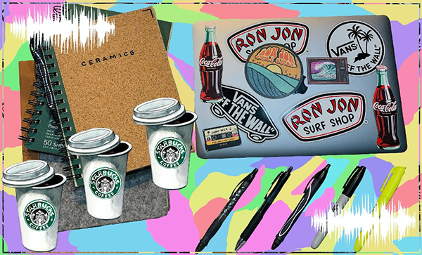 colorful background, notebook titled ceramics, coffee cups and a laptop with stickers on it
