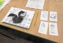 Ceramics workshop- sketches and materials on table